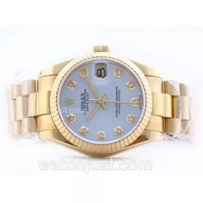 Rolex Datejust 2836 Full Gold Light Blue Dial With Diamond Marking Mid Size