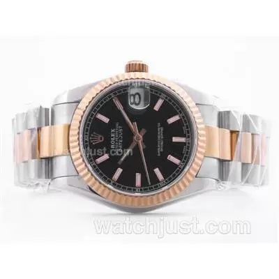 Rolex Datejust 2836 Two Tone Black Dial With Stick Marking Mid Size