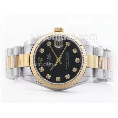 Rolex Datejust 2836 Two Tone Black Dial With Diamond Marking Mid Size