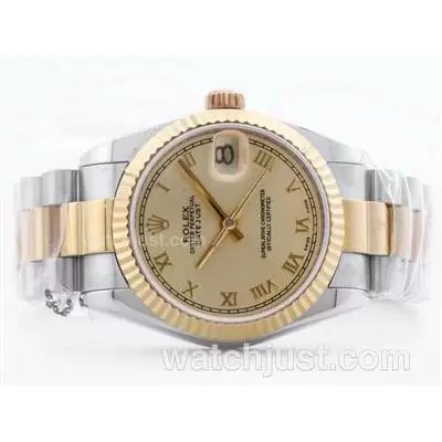 Rolex Datejust 2836 Two Tone Golden Dial With Roman Making Mid Size