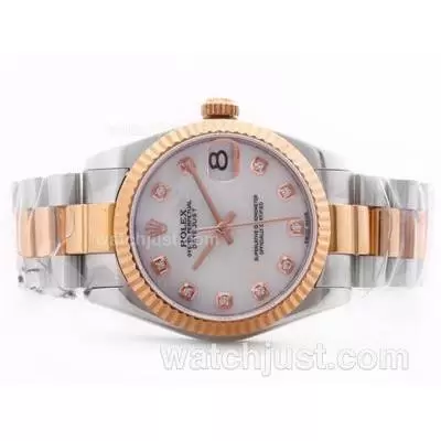 Rolex Datejust Automatic Movement Two Tone White Mop Dial With Diamond Marking Mid Size