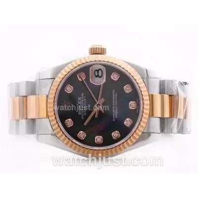 Rolex Datejust Automatic Movement Two Tone Black Mop Dial With Diamond Marking Mid Size