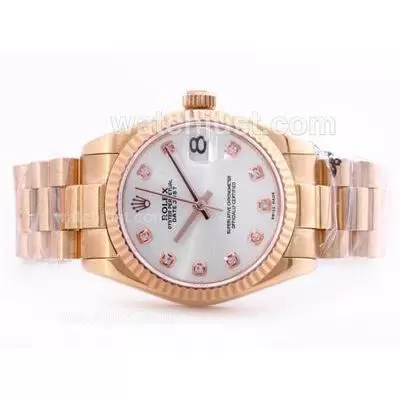 Rolex Datejust Automatic Movement Rose Gold Case White Dial With Diamond Marking Mid Size