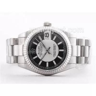 Rolex Datejust Automatic Movement Black / White Dial With Stick Marking & Fluted Bezel Mid Size