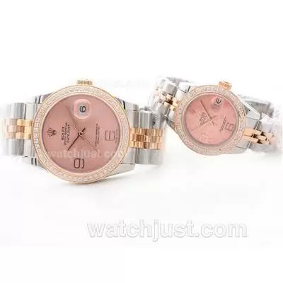 Rolex Datejust Automatic Movement Two Tone Pink Floral Motif Dial With Diamond Bezel