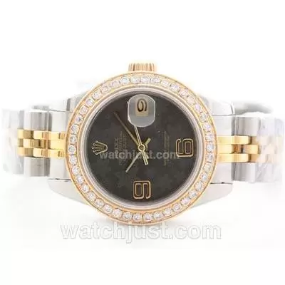 Rolex Datejust Automatic Movement Two Tone Gray Floral Motif Dial With Diamond Bezel