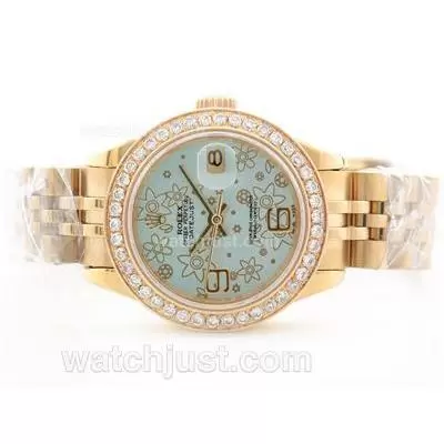 Rolex Datejust Automatic Movement Full Gold Light Blue Floral Motif Dial With Diamond Bezel