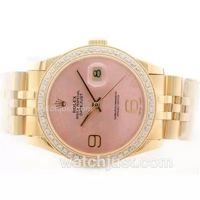 Rolex Datejust Automatic Movement Full Gold Pink Floral Motif Dial With Diamond Bezel