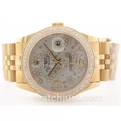 Rolex Datejust Automatic Movement Full Gold Gray Floral Motif Dial With Diamond Bezel