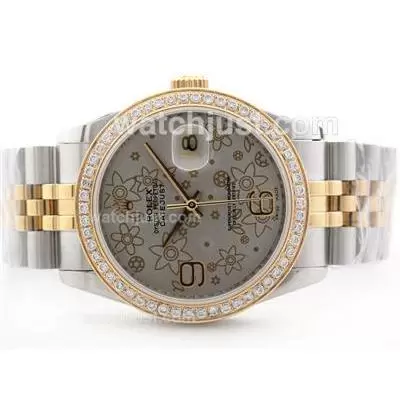 Rolex Datejust Automatic Movement Two Tone Gray Floral Motif Dial With Diamond Bezel