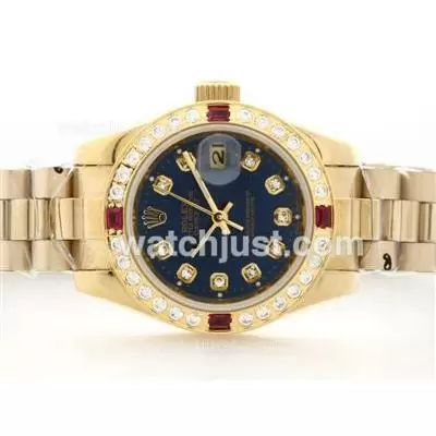 Rolex Datejust Full 18k Gold Plated Case Blue Dial Diamand/ruby Bezel