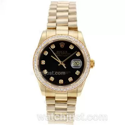 Rolex Datejust Automatic Movement Full Gold Black Dial With Diamond Marking & Bezel