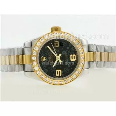 Rolex Datejust Automatic Movement Two Tone Diamond Bezel With Black Floral Motif Dial