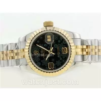 Rolex Datejust Automatic Movement Two Tone With Black Floral Motif Dial