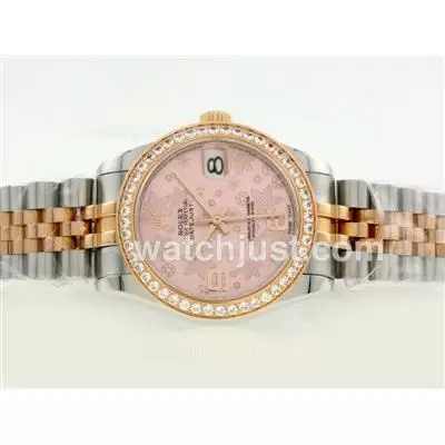 Rolex Datejust Automatic Movement Two Tone Diamond Bezel With Pink Floral Motif Dial