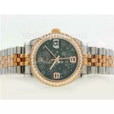 Rolex Datejust Automatic Movement Two Tone Diamond Bezel With Dark Green Floral Motif Dial