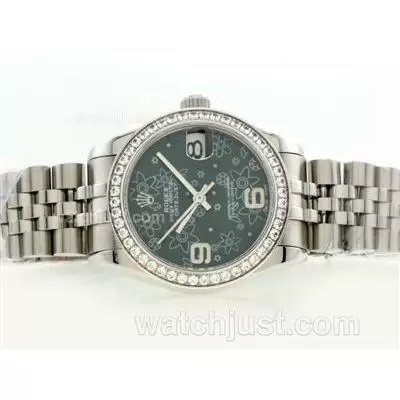 Rolex Datejust Automatic Movement Diamond Bezel With Dark Green Floral Motif Dial