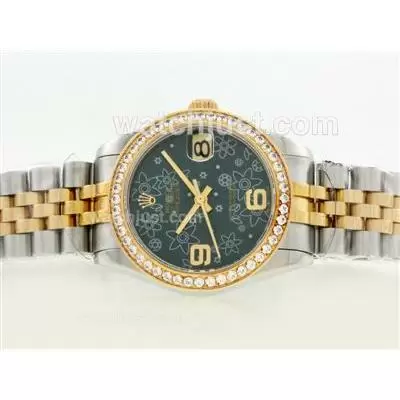 Rolex Datejust Automatic Movement Two Tone Diamond Bezel With Dark Green Floral Motif Dial