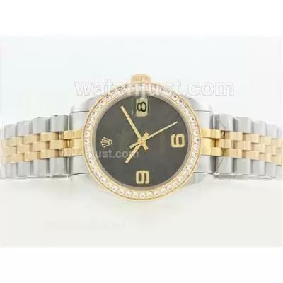 Rolex Datejust Automatic Movement Two Tone Diamond Bezel With Dark Gray Floral Motif Dial