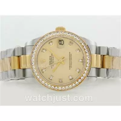 Rolex Datejust Automatic Movement Two Tone Diamond Marking And Bezel With Golden Dial