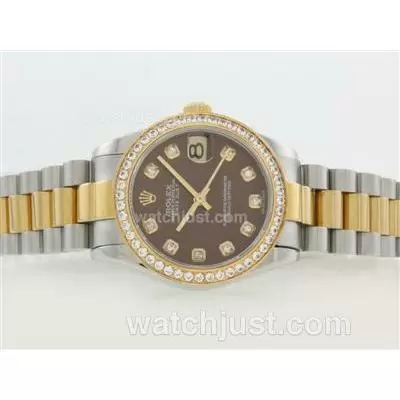 Rolex Datejust Automatic Movement Two Tone Diamond Marking And Bezel With Brown Dial