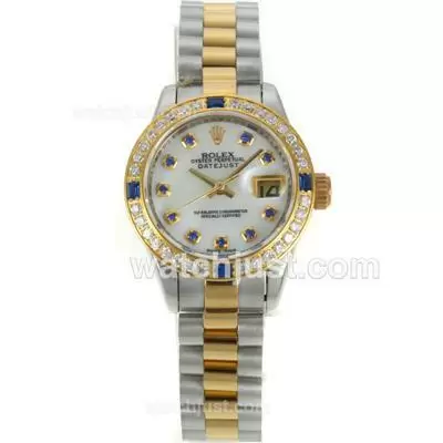 Rolex Datejust Automatic Movement Two Tone Diamond Bezel With White Dial Blue Diamond Marking