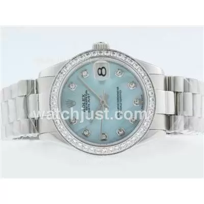 Rolex Datejust Automatic Movement Diamond Marking And Bezel With Blue Mop Dial