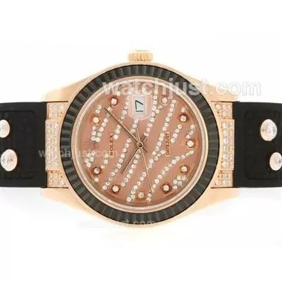 Rolex Datejust Automatic Rose Gold Case Diamond Marking With Black Ruby Bezel Brown Diamond Crested Dial