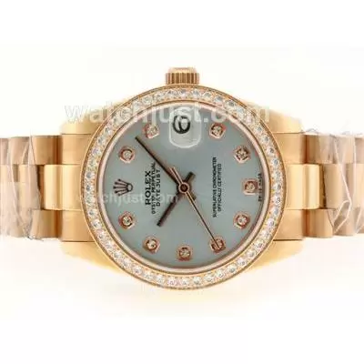 Rolex Datejust Automatic Movement Full Rose Gold Diamond Marking And Bezel With Light Blue Dial