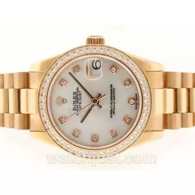 Rolex Datejust Automatic Movement Full Rose Gold Diamond Marking And Bezel With White Dial