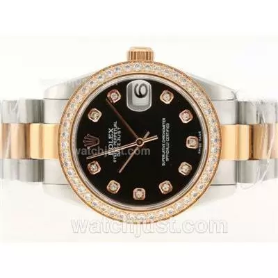 Rolex Datejust Automatic Movement Two Tone Diamond Marking And Bezel With Black Dial