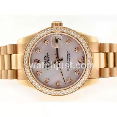 Rolex Datejust Automatic Movement Full Gold Diamond Marking And Bezel With Pink Mop Dial