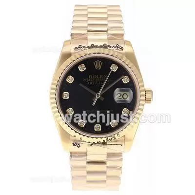 Rolex Datejust Automatic Movement Full Gold Diamond Marking With Black Dial