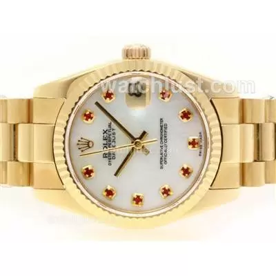 Rolex Datejust Automatic Movement Full Gold Red Diamond Marking With Mop Dial