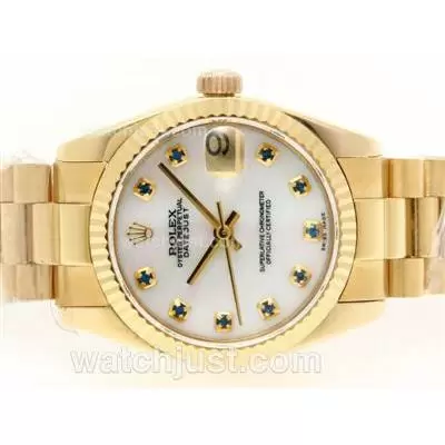 Rolex Datejust Automatic Movement Full Gold Blue Diamond Marking With Mop Dial