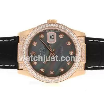 Rolex Datejust Automatic Movement Rose Gold Case Diamond Markers And Bezel With Black Mop Dial Leather Strap