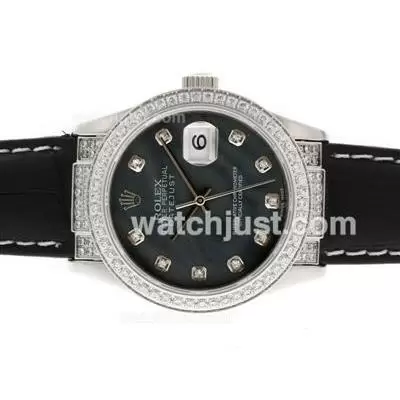 Rolex Datejust Automatic Movement Diamond Markers And Bezel With Black Mop Dial Leather Strap