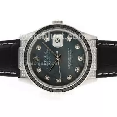 Rolex Datejust Automatic Movement Black Ruby Bezel Diamond Markers With Black Mop Dial Leather Strap