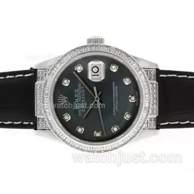 Rolex Datejust Automatic Movement Cz Diamond Bezel Diamond Markers With Black Mop Dial Leather Strap