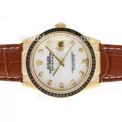 Rolex Datejust Automatic Movement Gold Case Black Ruby Bezel Diamond Markers With Mop Dial Leather Strap