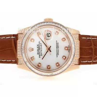 Rolex Datejust Automatic Movement Rose Gold Case Cz Diamond Bezel Diamond Markers With Mop Dial Leather Strap