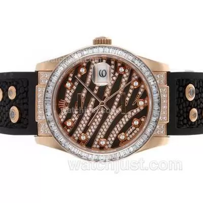 Rolex Datejust Automatic Movement Rose Gold Case Cz Diamond Bezel Royal Black Design Diamond Crested Dial