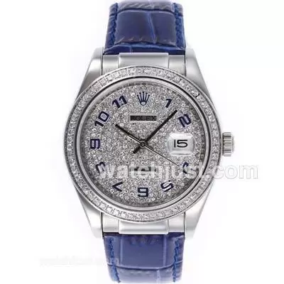 Rolex Datejust Automatic Number Markers With Diamond Bezel And Dial Blue Leather Strap