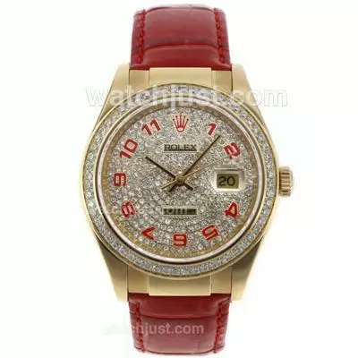 Rolex Datejust Automatic Gold Case Number Markers With Diamond Bezel And Dial Red Leather Strap