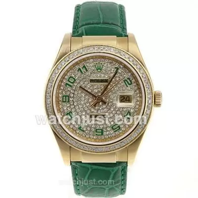 Rolex Datejust Automatic Gold Case Number Markers With Diamond Bezel And Dial Green Leather Strap