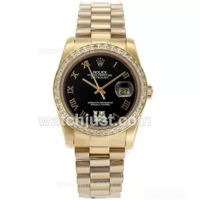 Rolex Datejust Automatic Full Gold Diamond Bezel Roman Markers With Black Dial Sapphire Glass