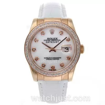 Rolex Datejust Automatic Movement Rose Gold Case Diamond Bezel And Markers With White Dial Leather Strap