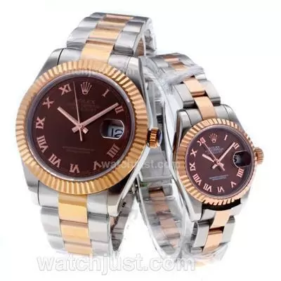 Rolex Datejust Automatic Movement Two Tone Roman Markers With Brown Dial Couple Watch