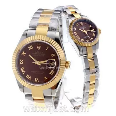 Rolex Datejust Automatic Movement Two Tone Roman Markers With Brown Dial Couple Watch