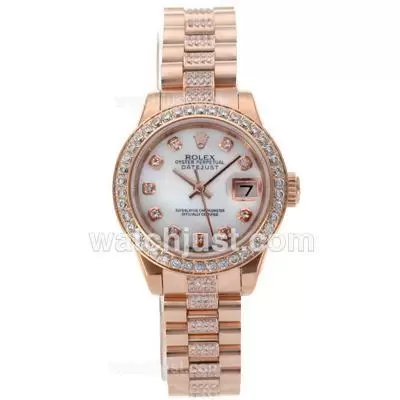 Rolex Datejust Automatic Movement Full Rose Gold Diamond Bezel And Markers With Mop Dial Lady Size